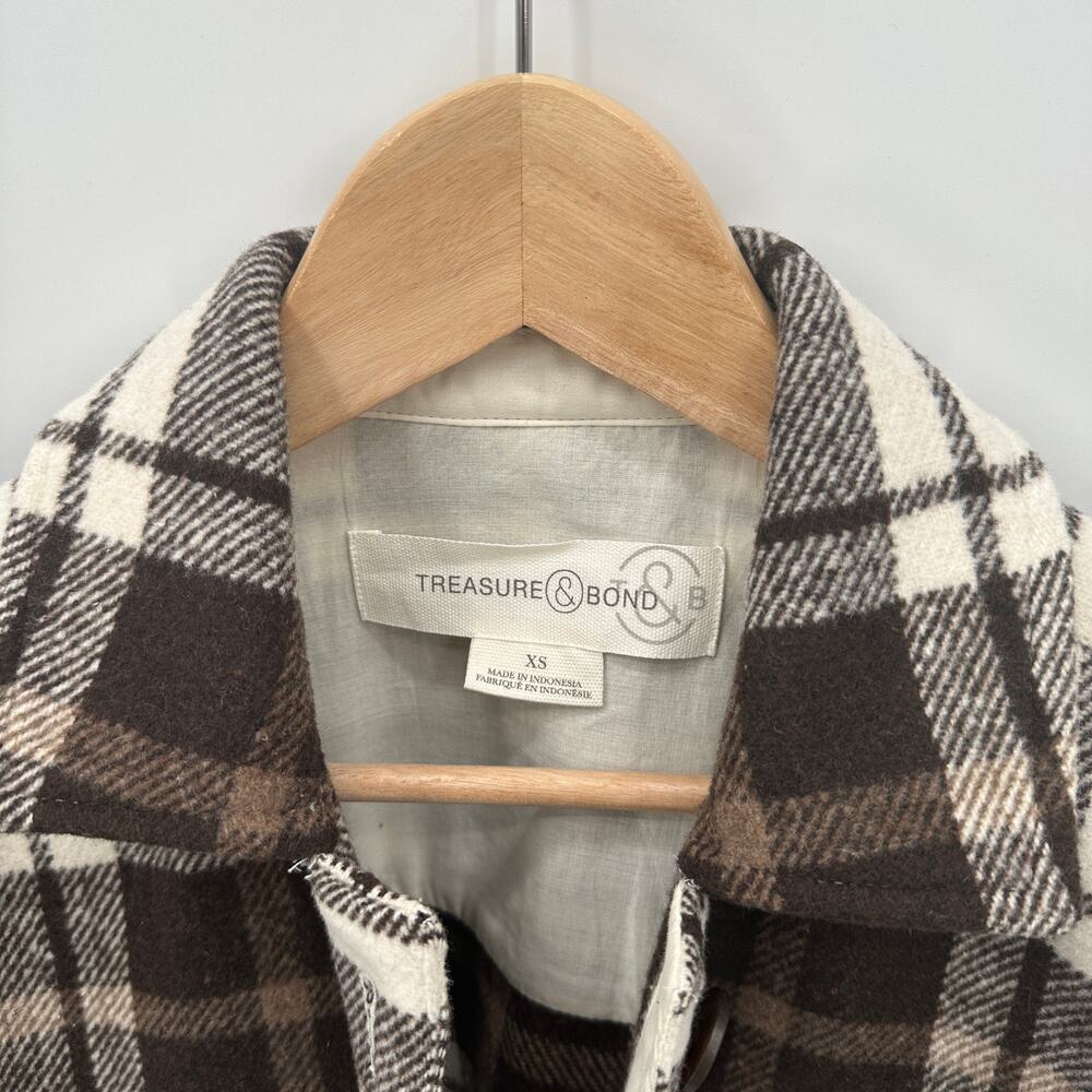 TREASURE & BOND Nordstrom Brown & White Wool Blend Plaid Shacket // XS - Picture 7 of 12